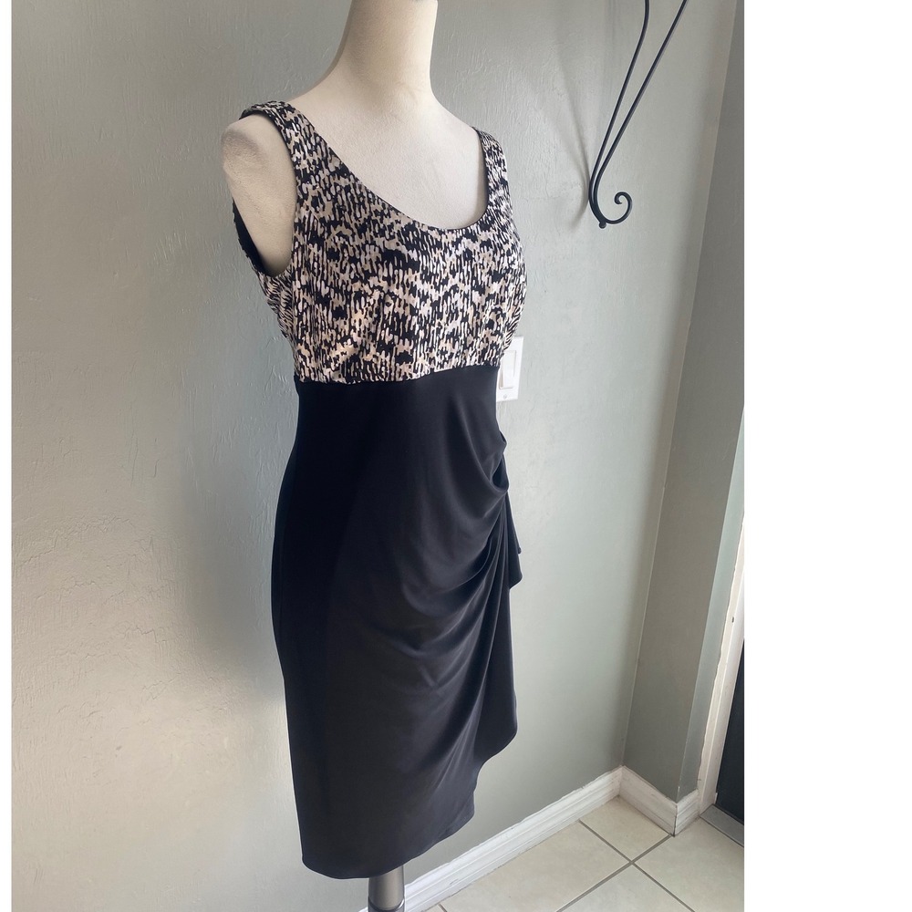 Dressbarn Collection Womens Sheath Dress Size 8 Black Tan Abstract Ruched Side - Picture 3 of 4